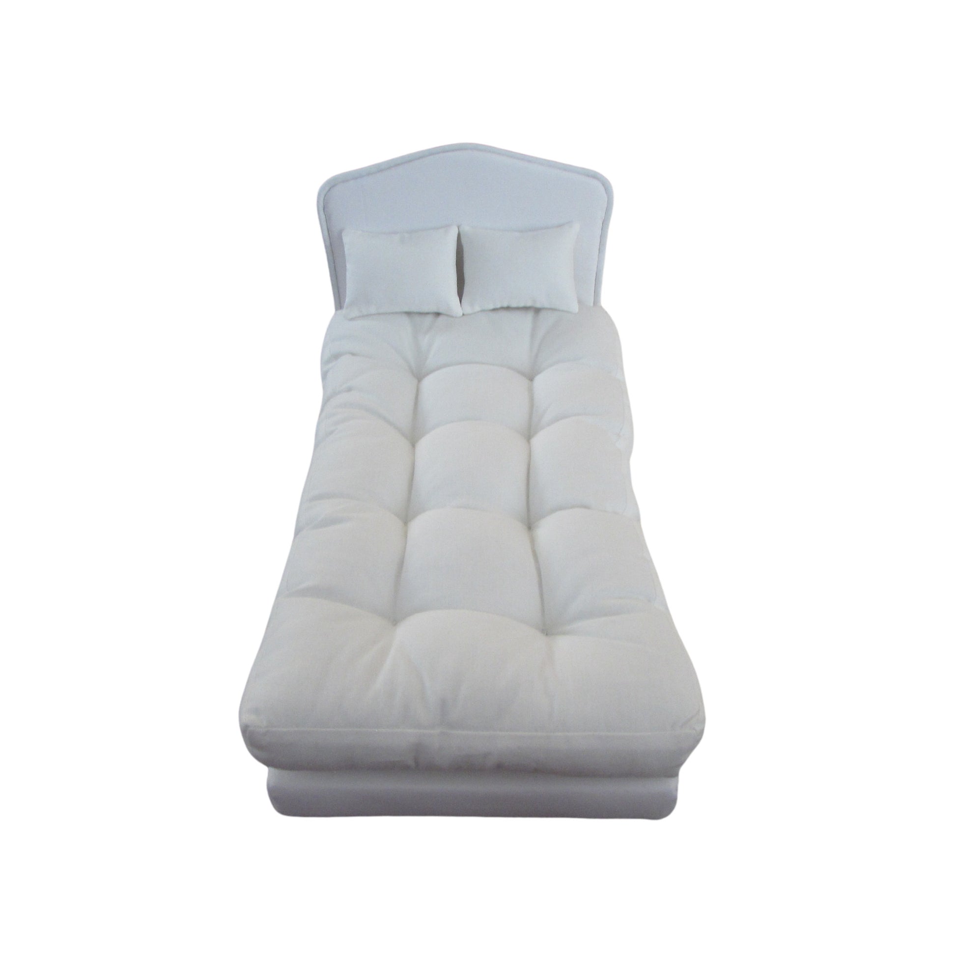 White Double Doll Bed, Pillows, and Mattress for 11 1/2 inch dolls Front view Up Close