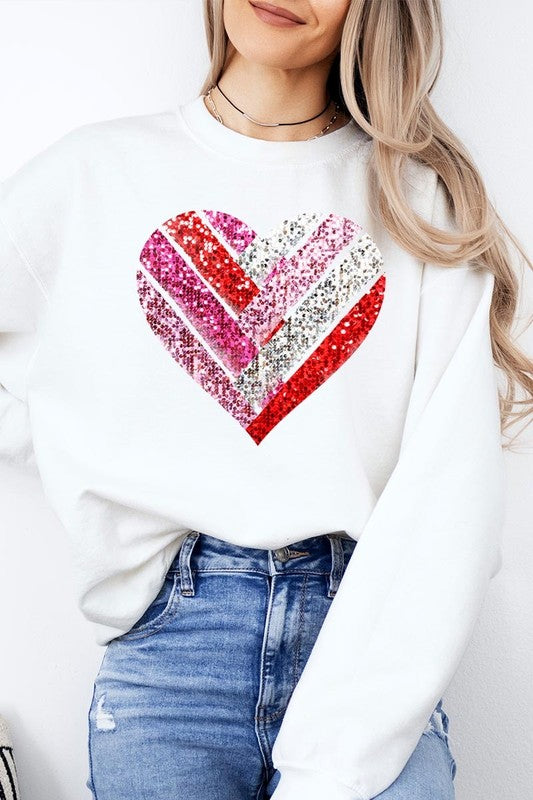 White Faux Sequins Striped Heart Graphic Sweatshirt