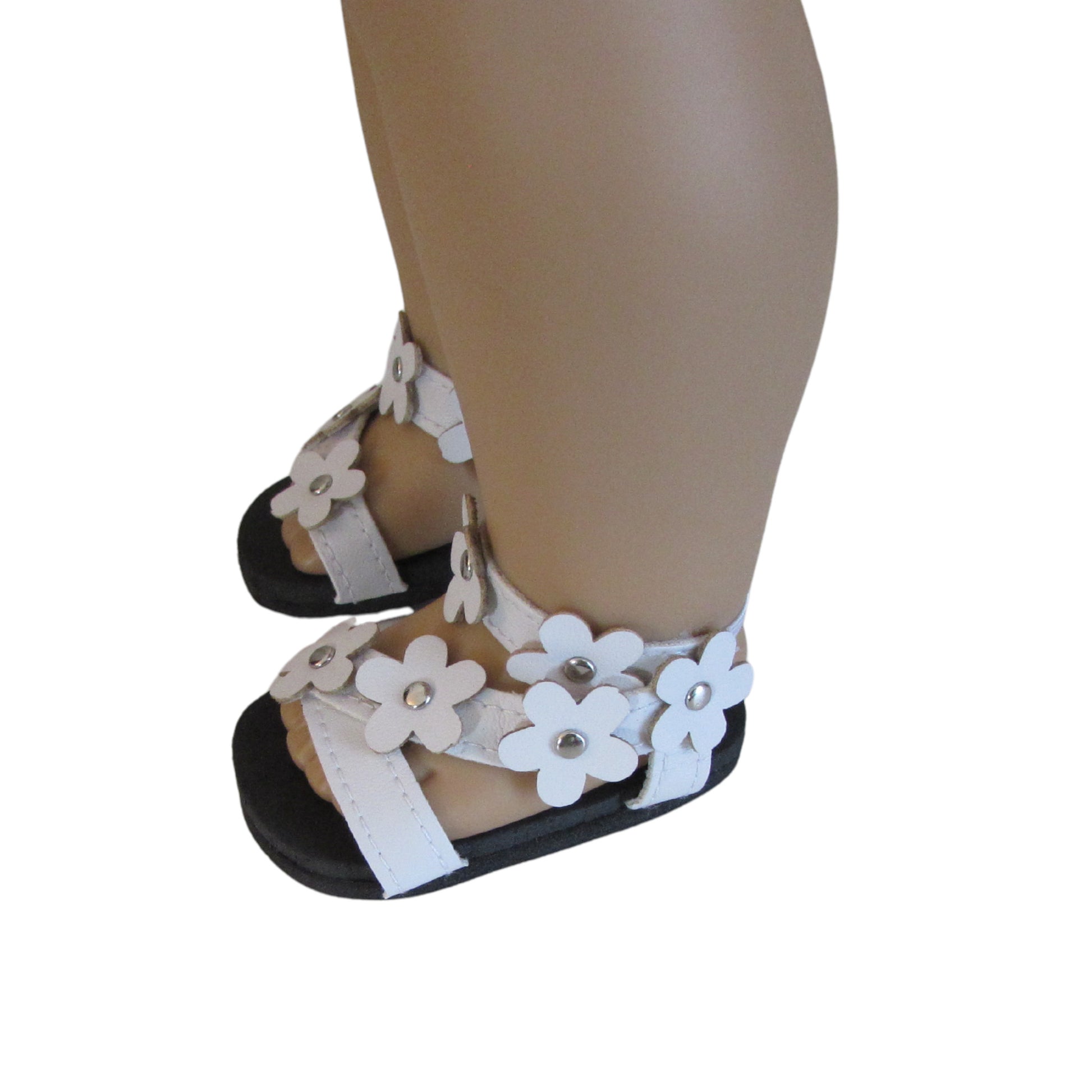 White Flower Power Sandals for 18-inch dolls Side view on doll