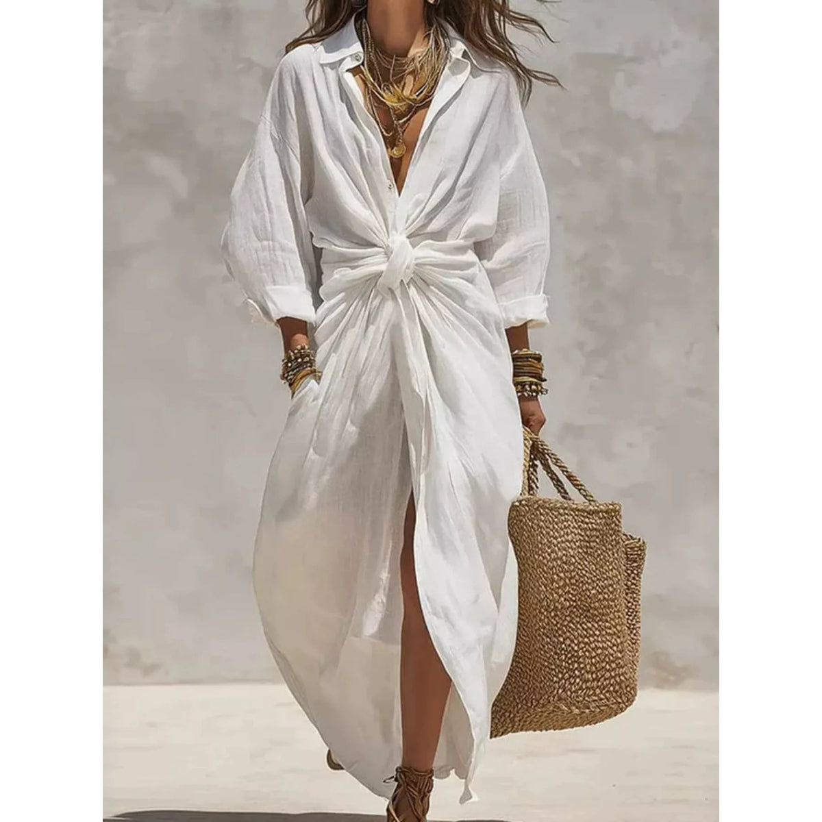 Front-Tie Maxi Shirt Dress