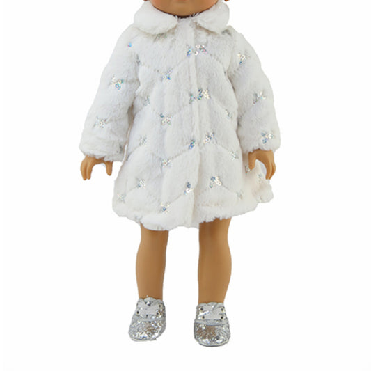 White Fur and Sequin Slip Coat for 18 inch dolls with doll