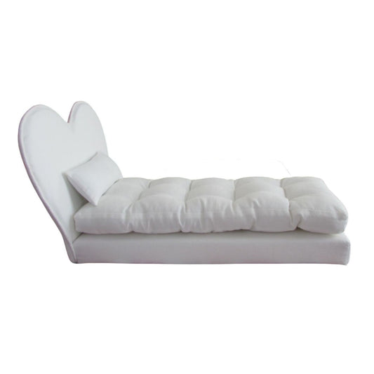 White tufted doll mattress on a white heart doll bed for 11.5-inch and 12-inch dolls