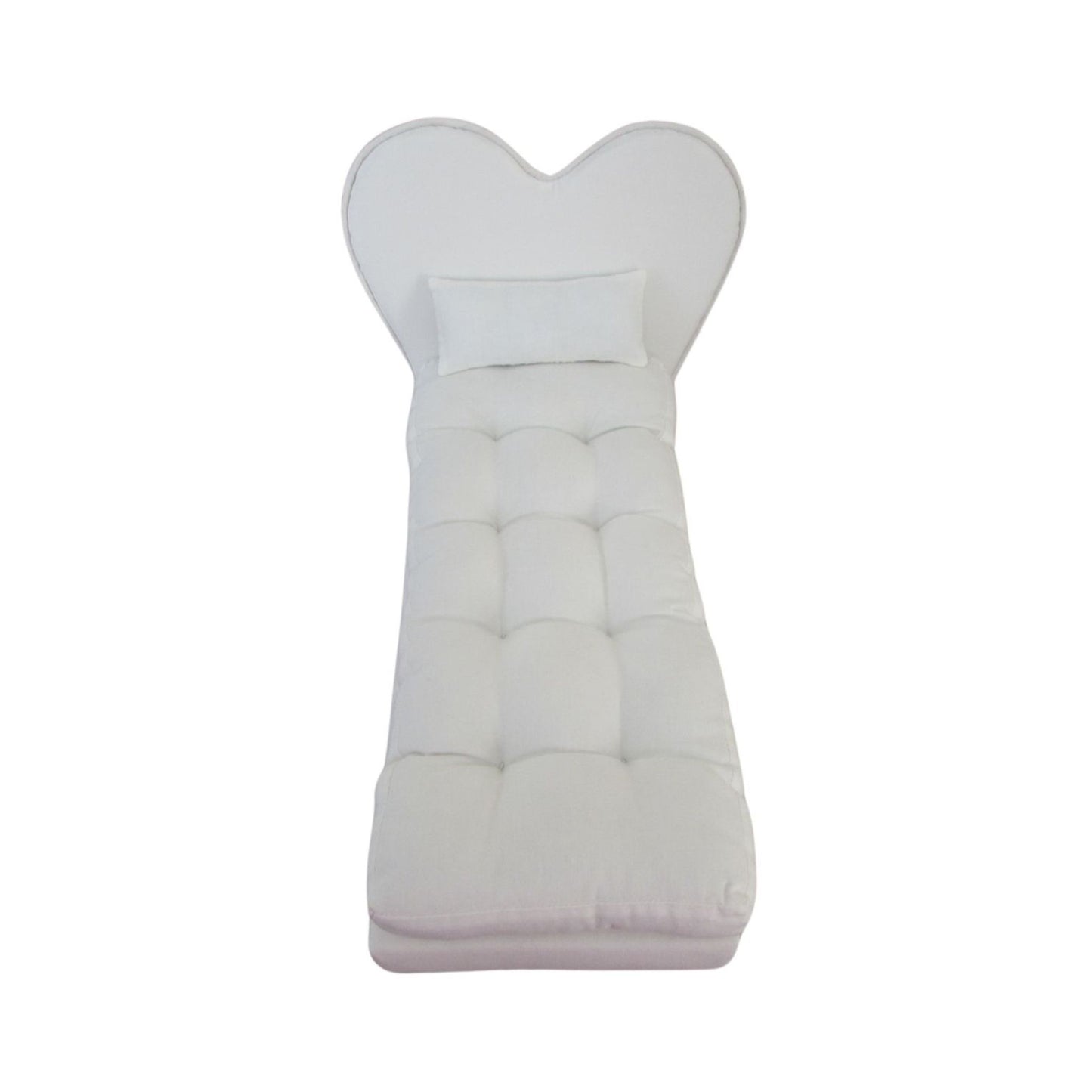 Up close view of a white doll bed for 11.5-inch and 12-inch dolls