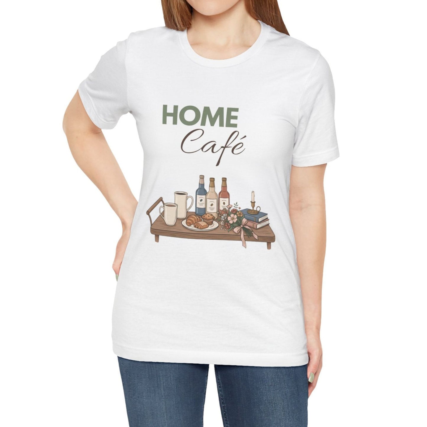 White t-shirt with 'Home Café' graphic design featuring food and drink items on a table.