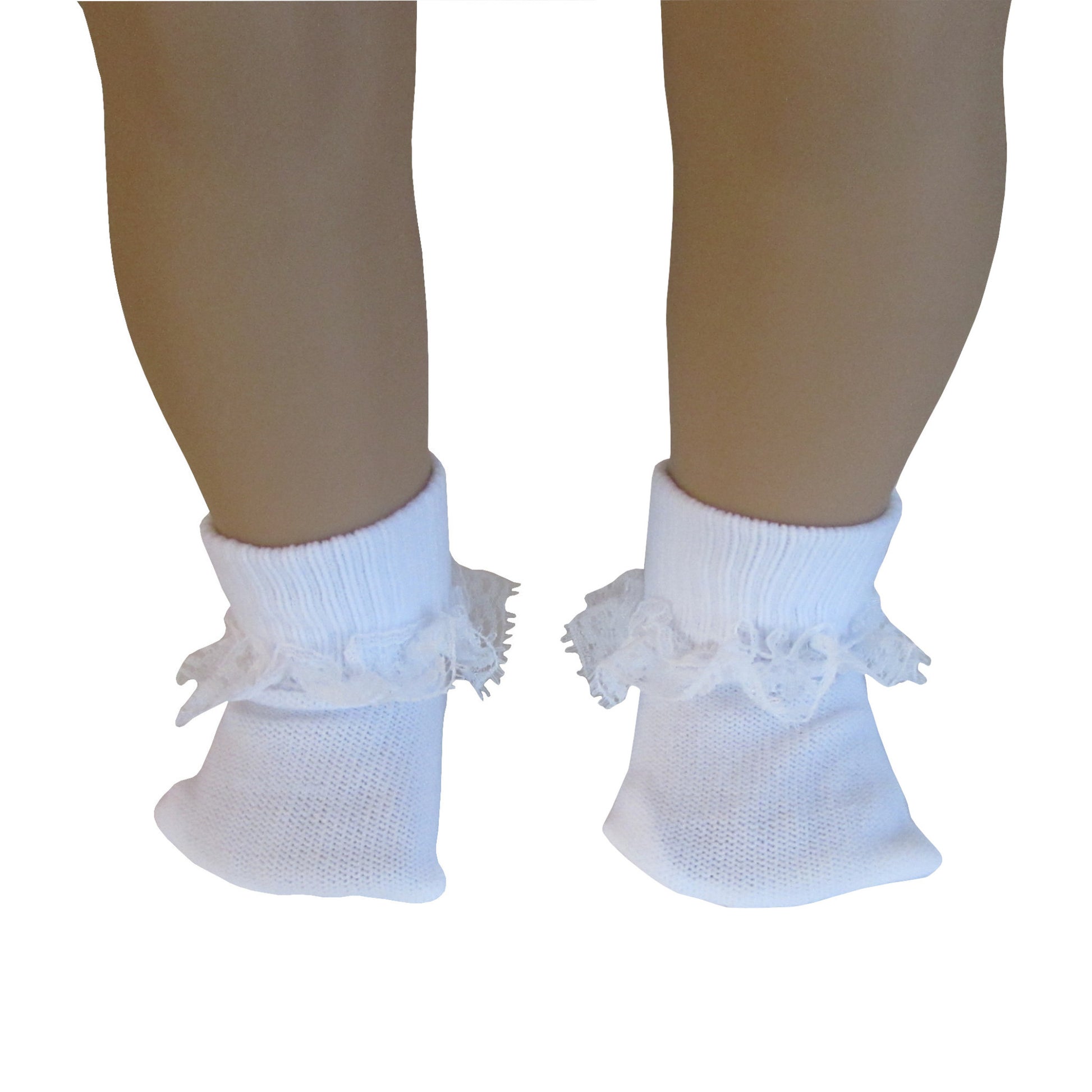White Lace Ankle Socks for 18-inch dolls on doll Front view