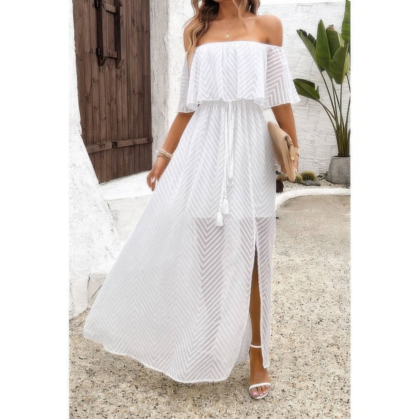 Off Shoulder Solid Tassel Ruffle Trim Split Dress