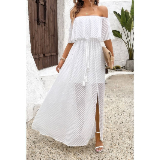 Off Shoulder Solid Tassel Ruffle Trim Split Dress