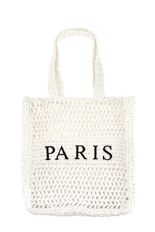 White PARIS Embroidery Straw Tote Bag Front view