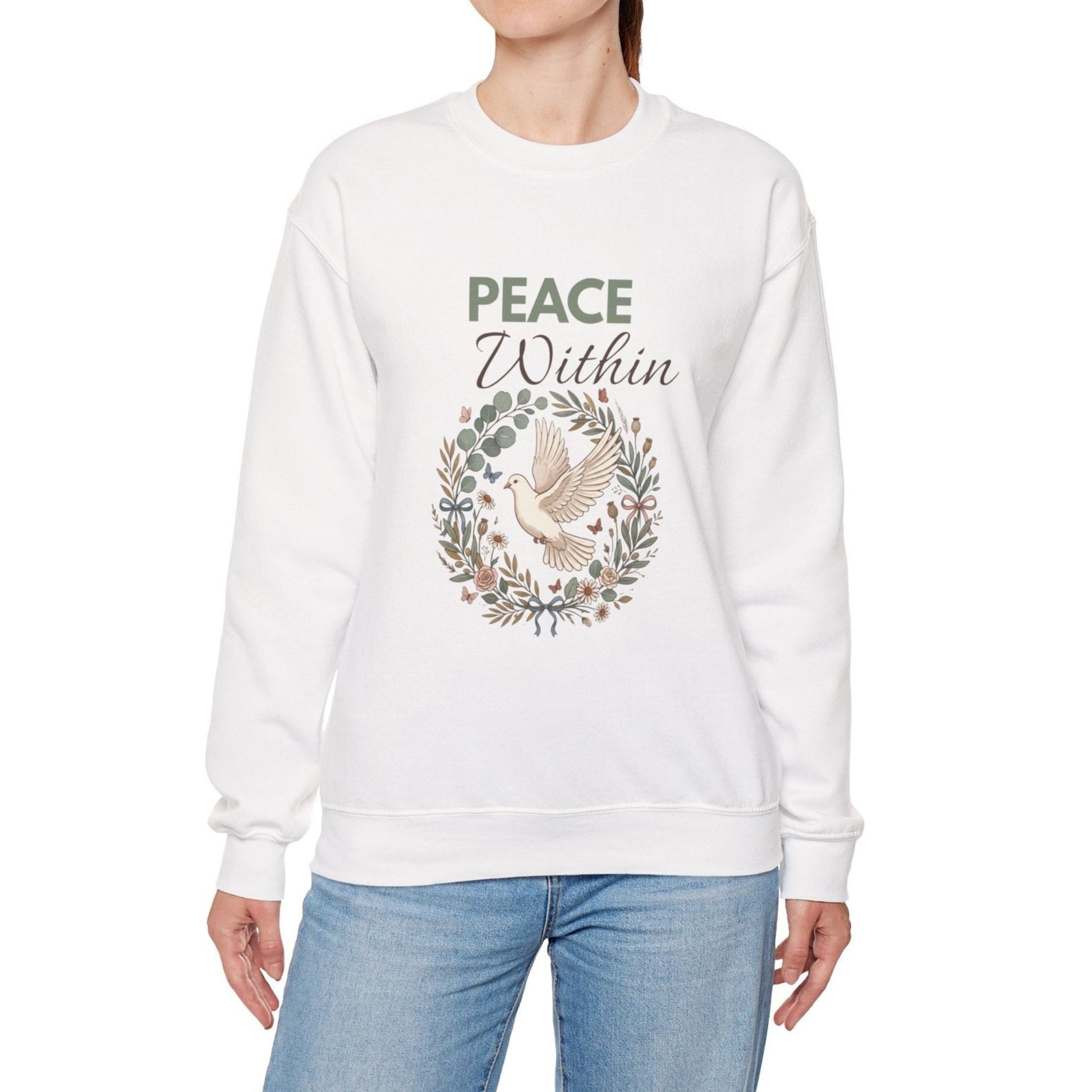 A woman is wearing a white sweatshirt with 'PEACE Within' on the front.