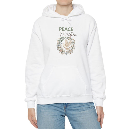 A woman is wearing a white hooded sweatshirt with 'PEACE Within' on the front.