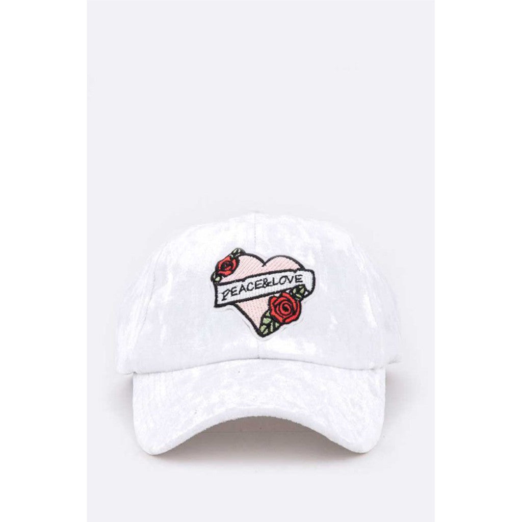 White Peace And Love Heart Patch Distress Velour Cap