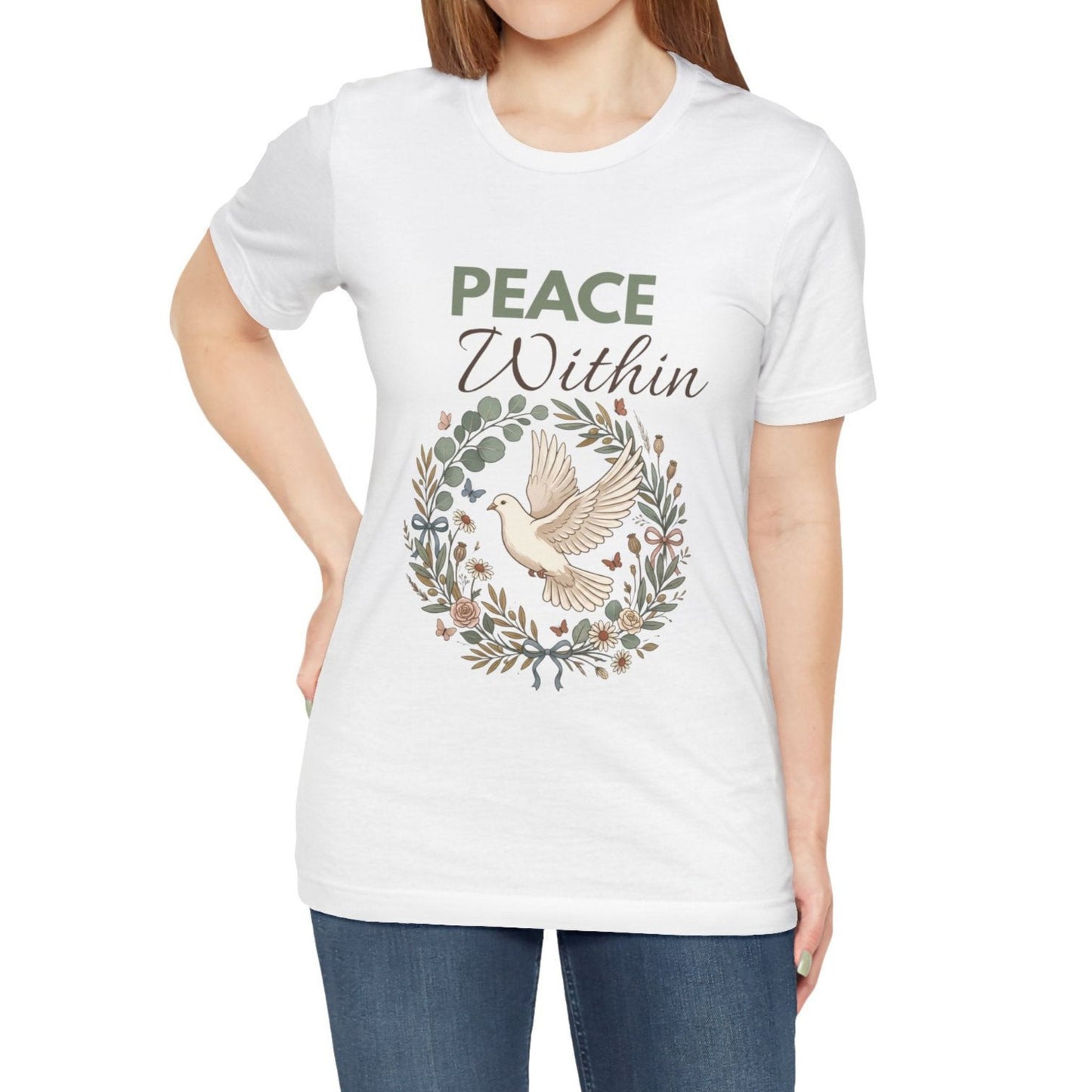 White t-shirt with 'Peace Within' design featuring a dove and wreath on a white background
