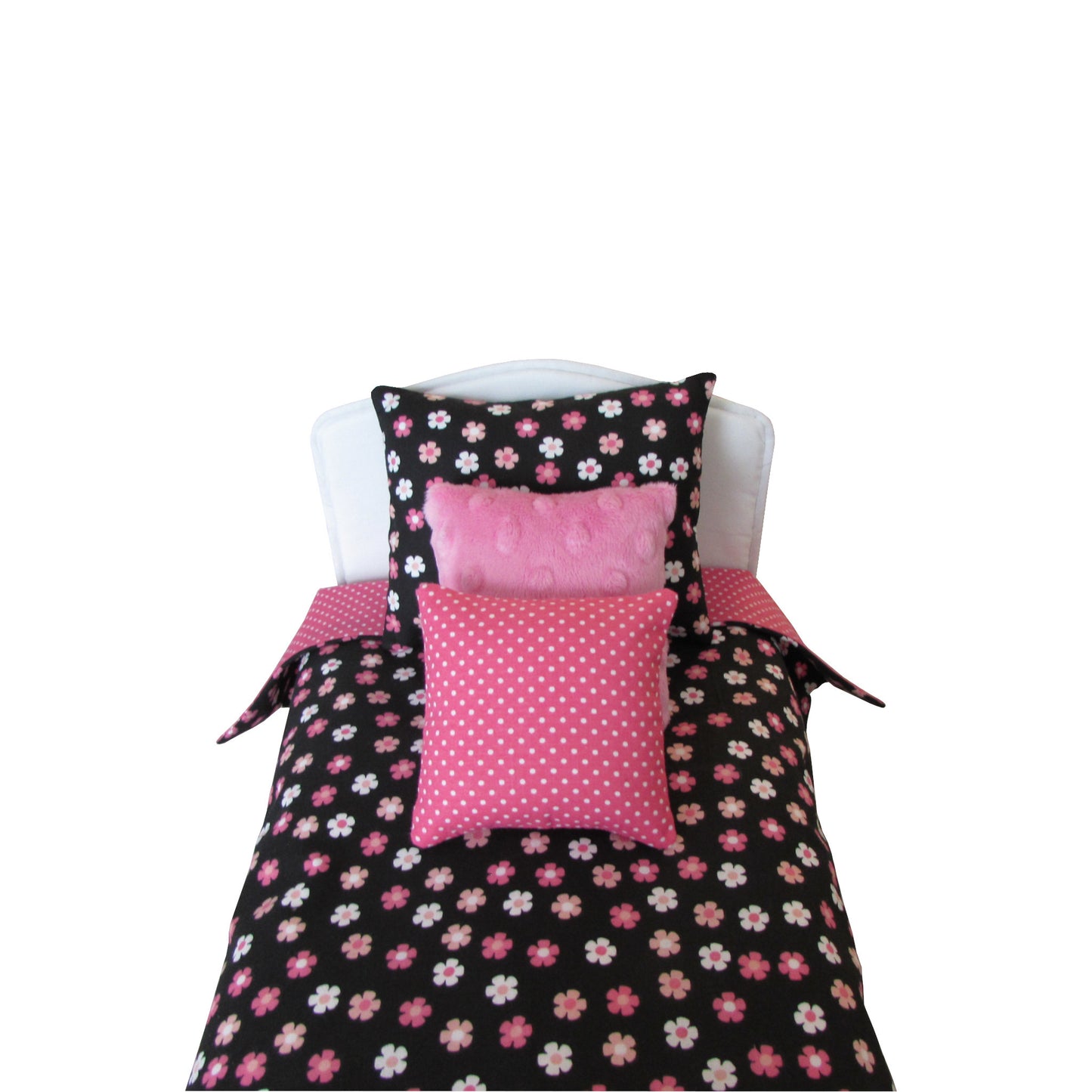 White Pink Flowers on Black Doll Bedding for 14 1/2 inch dolls Front view Up Close