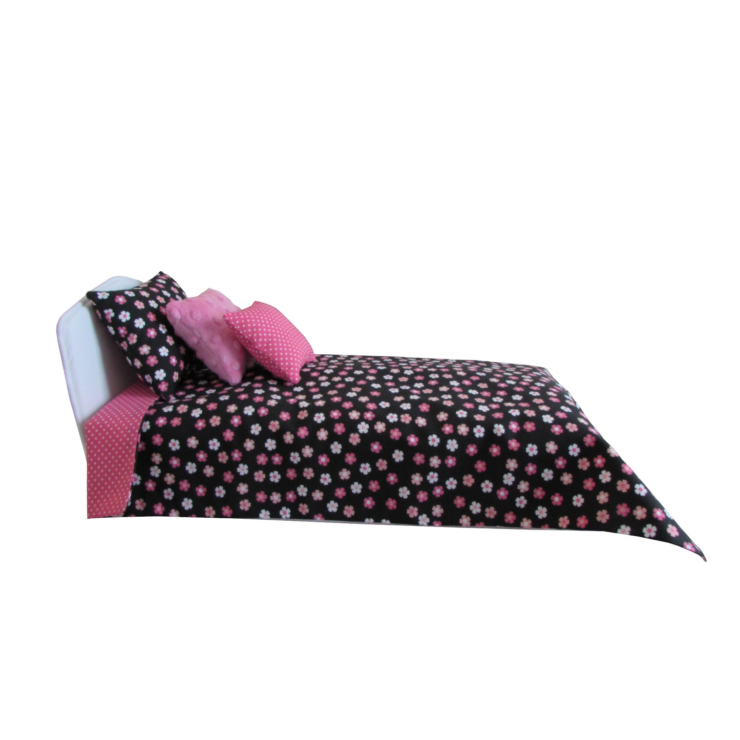 White Pink Flowers on Black Doll Bedding for 14 1/2 inch dolls Side view