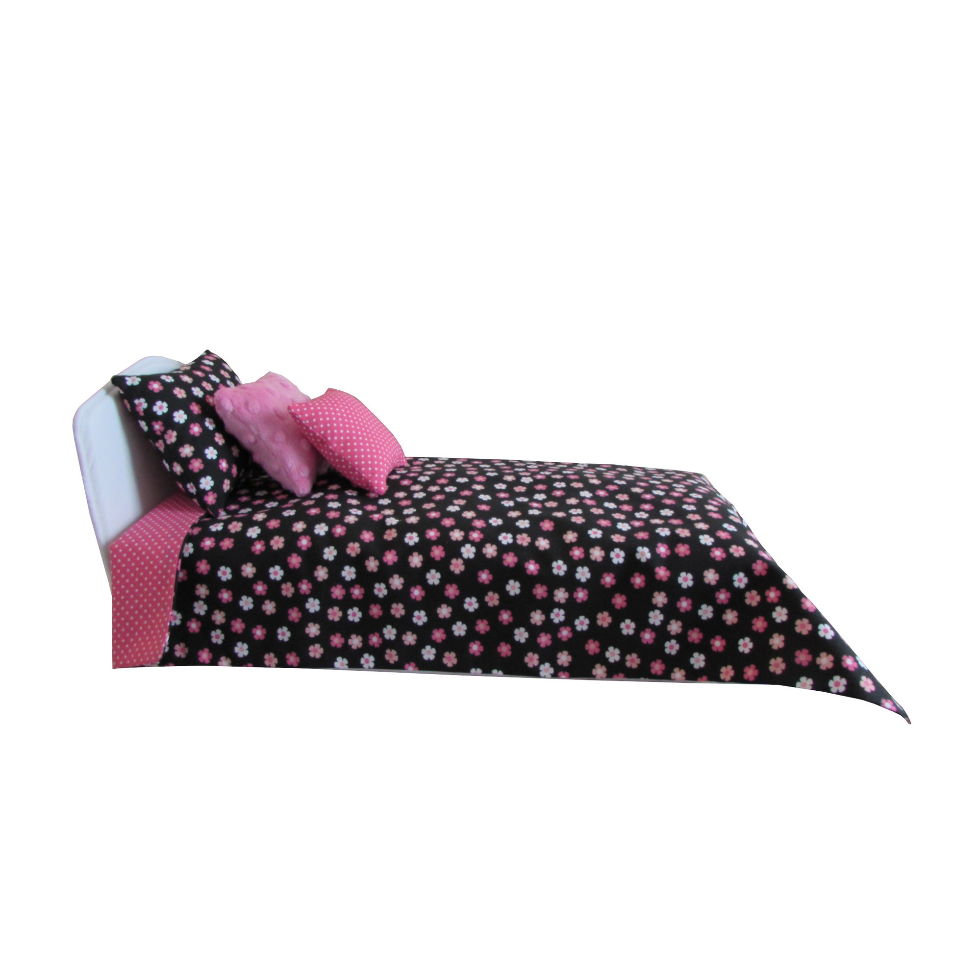 White Pink Flowers on Black Doll Bedding for 14 1/2 inch dolls Side view