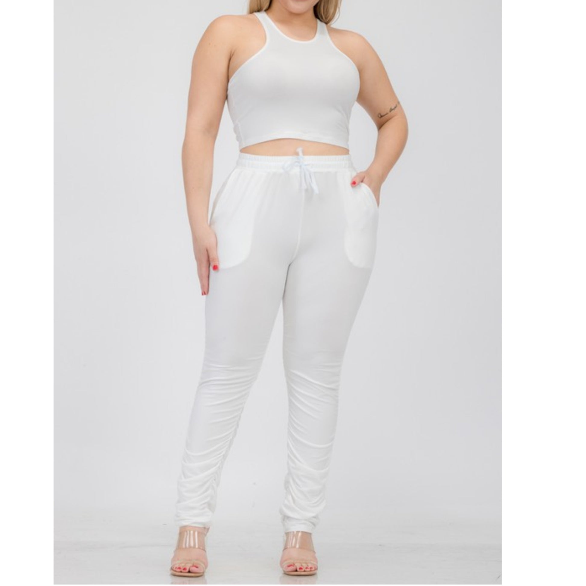 White Plus Size Crop Tank Top & Ruched Pants Set Front view