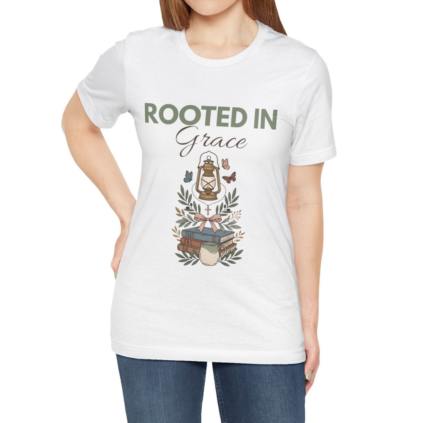 White t-shirt with 'Rooted in Grace' design on a white background