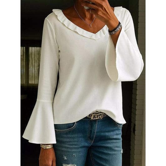 Ruffle V-Neck Bell Sleeve Blouse