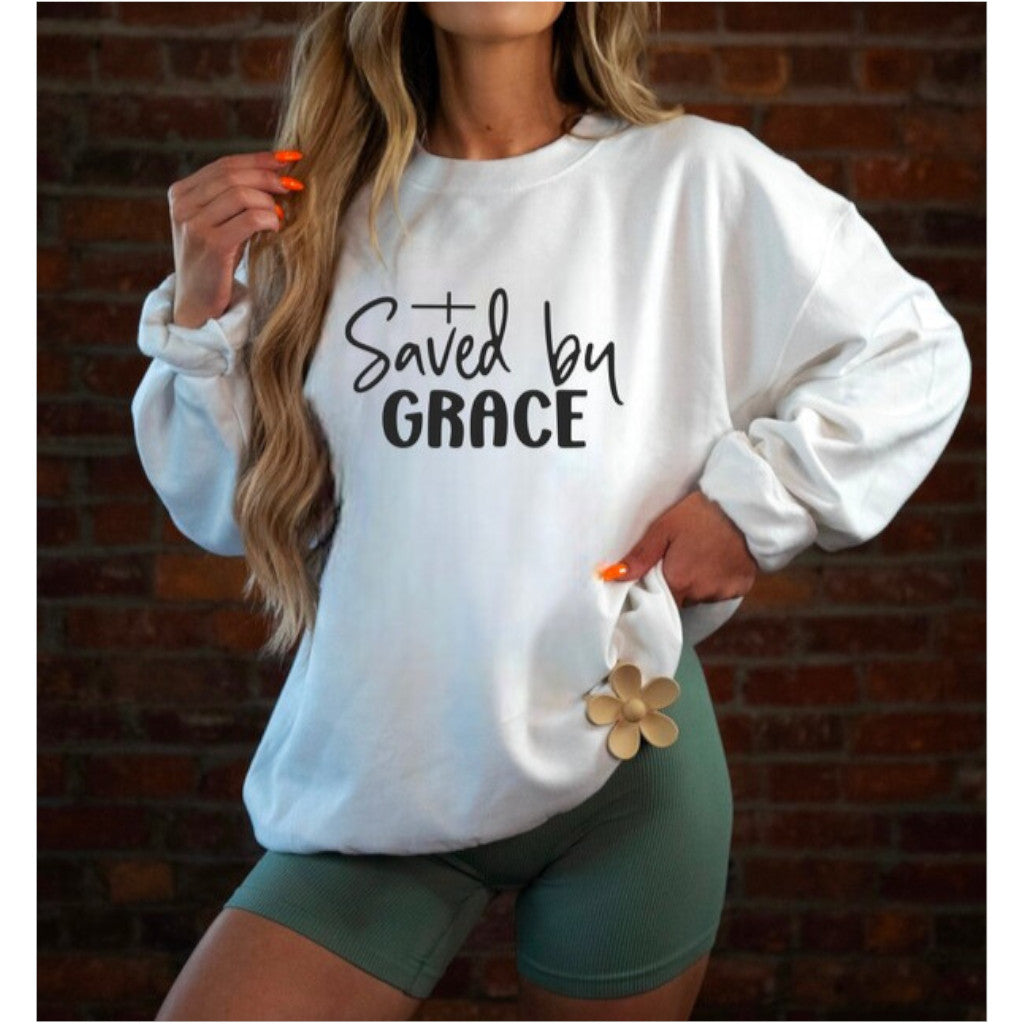 White Saved by Grace Graphic Sweatshirt