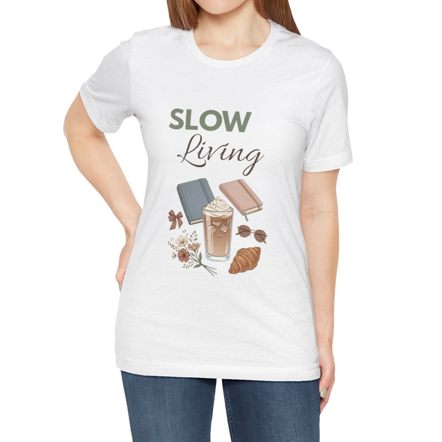 White t-shirt with 'SLOW Living' text and graphics worn by a person on a white background
