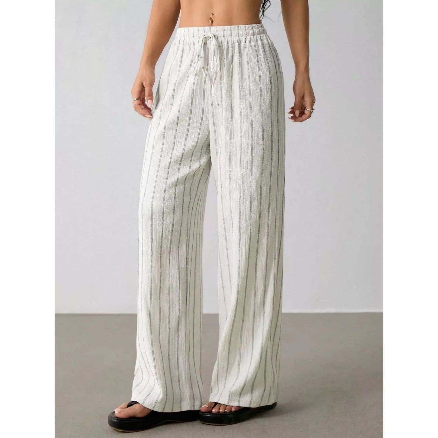 Striped Wide-Leg Drawstring Pants