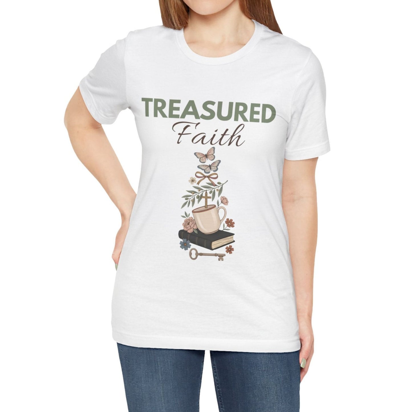 White t-shirt with 'Treasured Faith' design on a white background