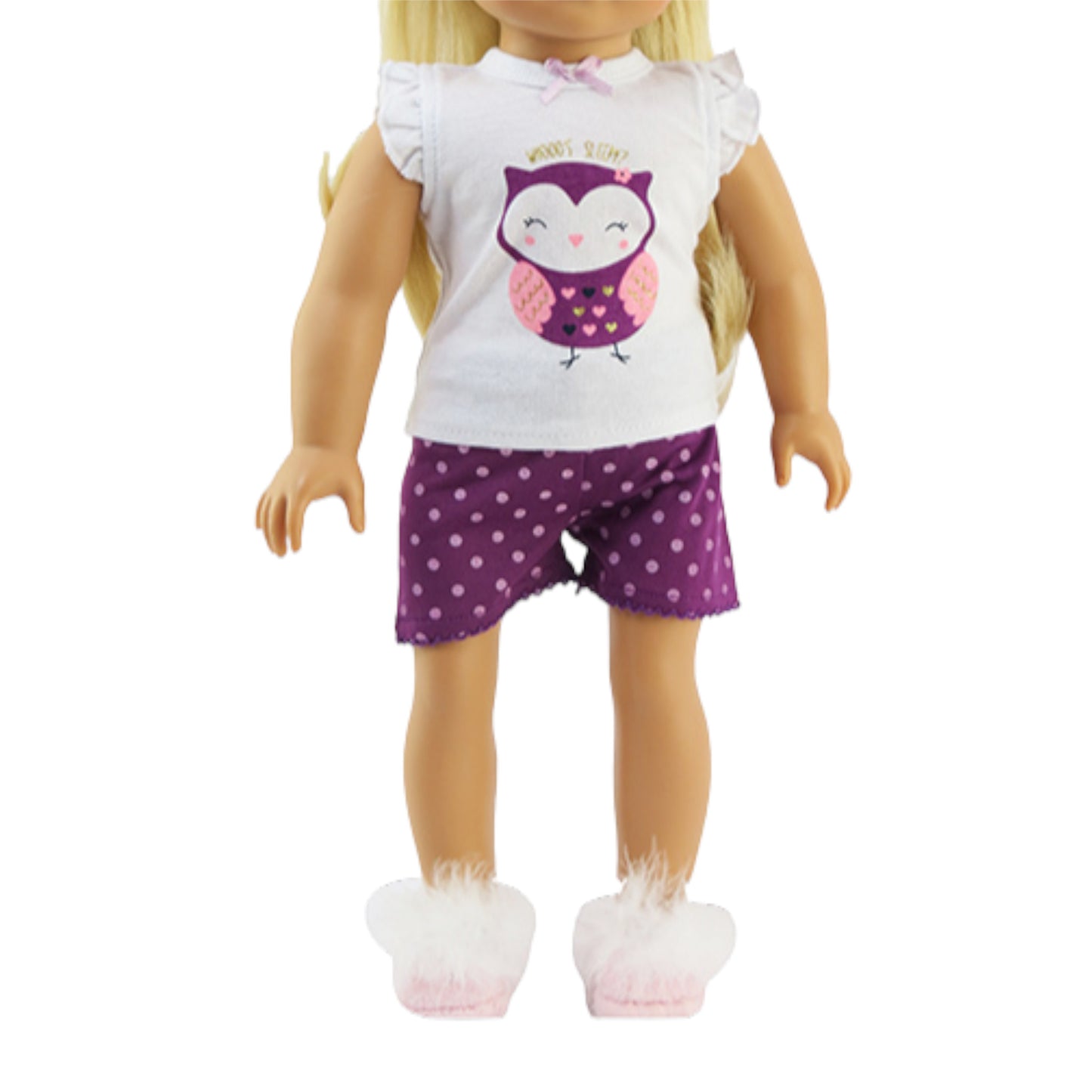 Whoo's Sleepy Owl Pajama Shorts Set for 18-inch dolls with doll