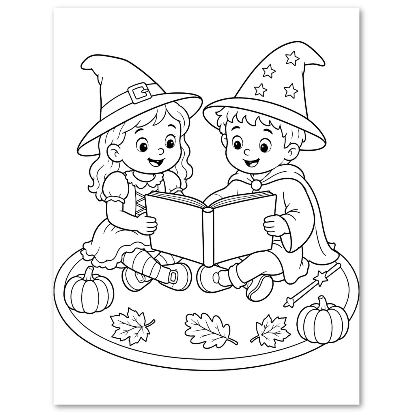 Black and white line art illustration of a young girl and boy in witch hats sitting together and reading a book, with pumpkins, leaves, and a wand on a white background.