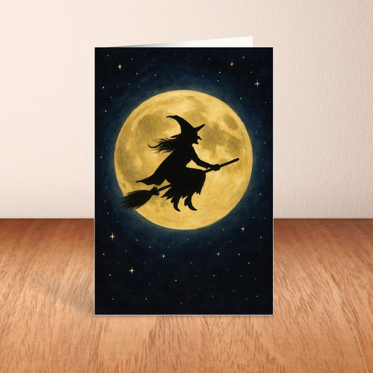 Blank Inside 5.5 x 8.5 Halloween Card – Witch Flying Across the Full Moon - Digital Download