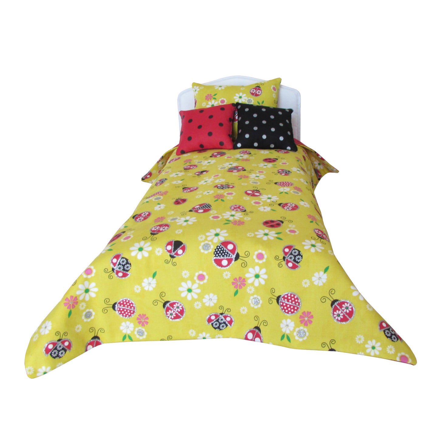 Yellow Floral Ladybug Black Dot Red Print Doll Bedding for 14 1/2-inch dolls