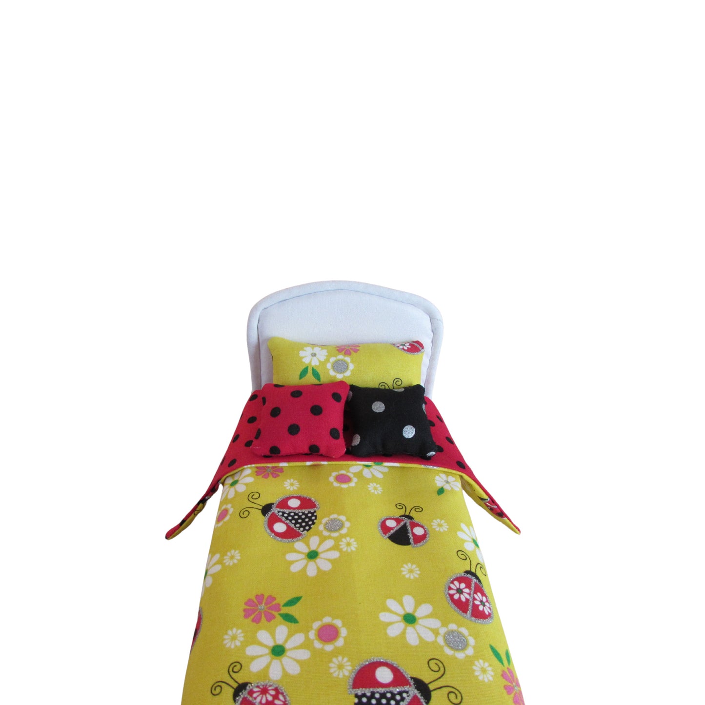 Yellow Floral Ladybug Black Dot Red Doll Bedding gor 6 1/2 inch dolls Front Up Close