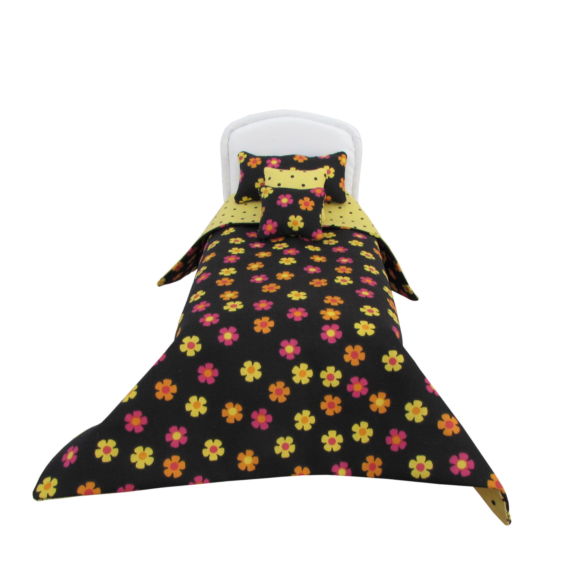 Yellow Orange Pink Flowers on Black Doll Bedding for 6.5 inch dolls Front view