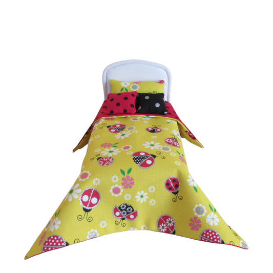 Yellow Floral Ladybug Black Dot Red Doll Beddingg for 6 1/2 inch dolls Front view