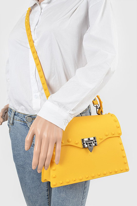 Yellow Matte Finish Studded Convertible Jelly Bag on Mannequin