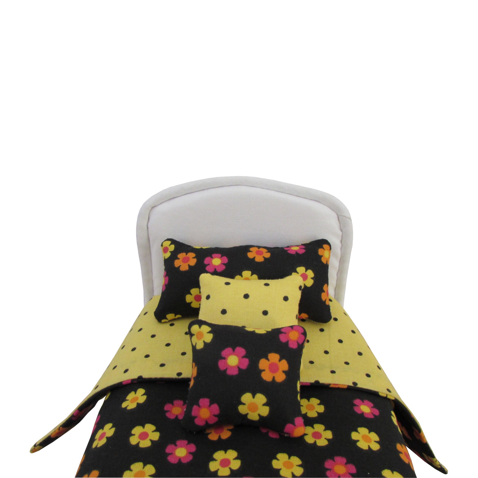 Yellow Orange Pink Flowers on Black Doll Bedding for 6.5 inch dolls Front view Up Close
