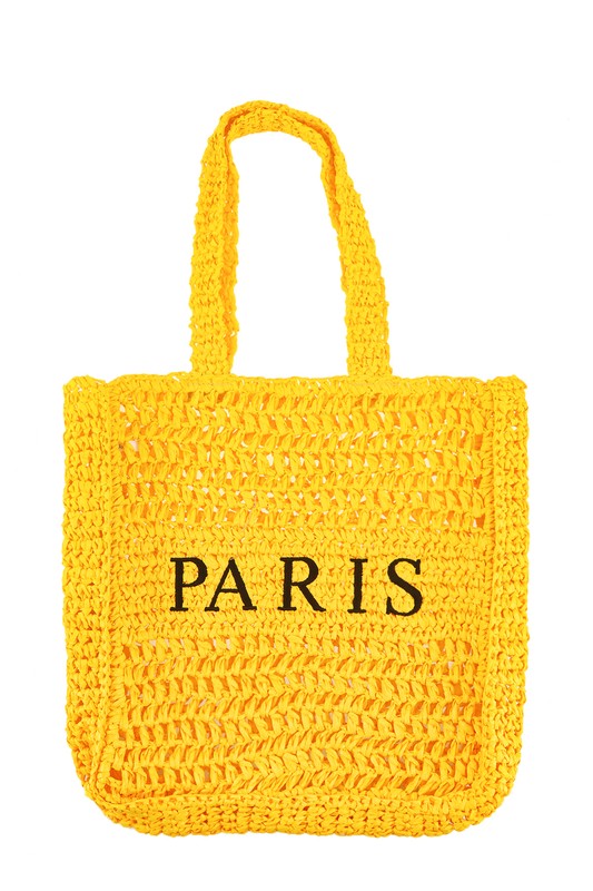 Yellow PARIS Embroidery Straw Tote Bag Front view