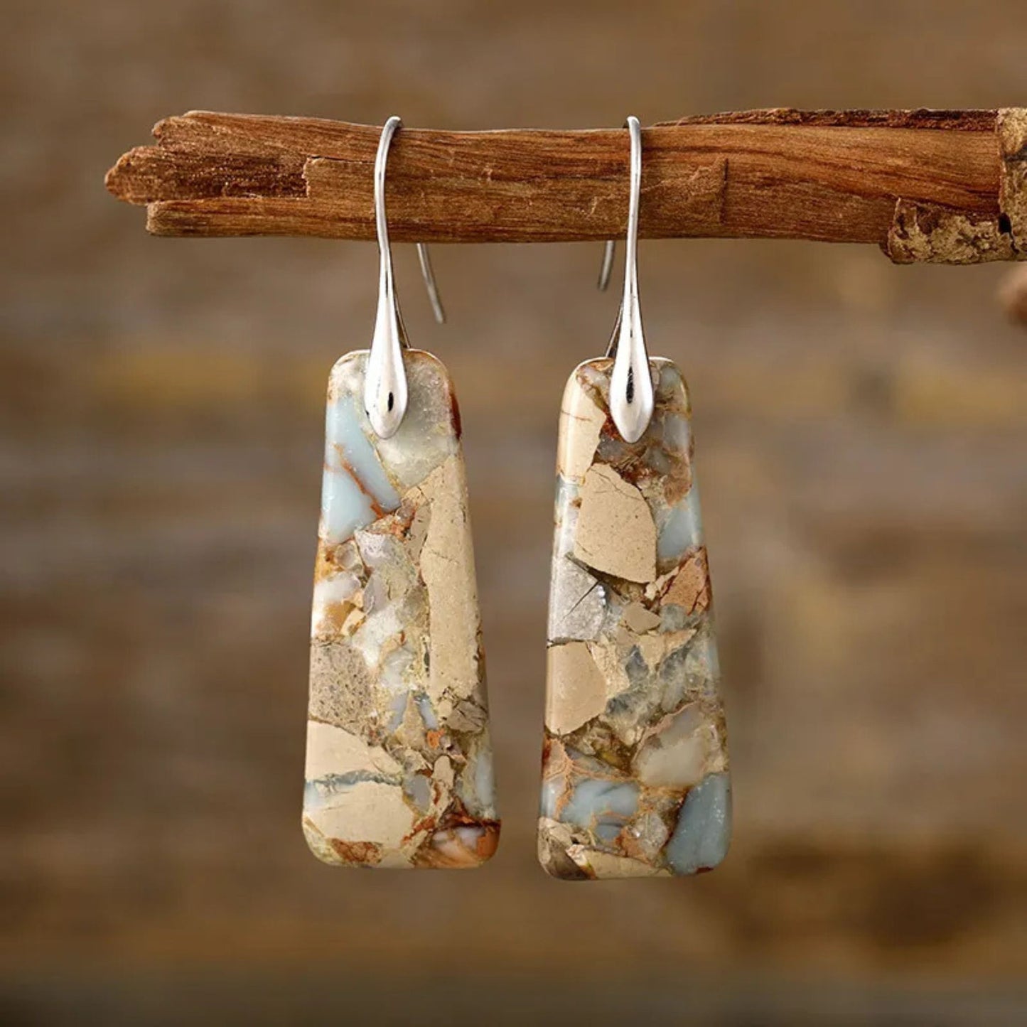 Yellow Silver Copper Natural Stone Earrings hanging from tree limb