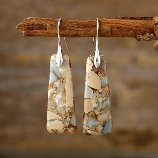 Yellow Silver Copper Natural Stone Earrings hanging from tree limb