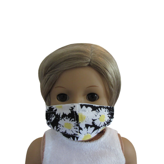 Yellow and Black Floral Print Doll Face Mask for 18 inch dolls with doll Front view