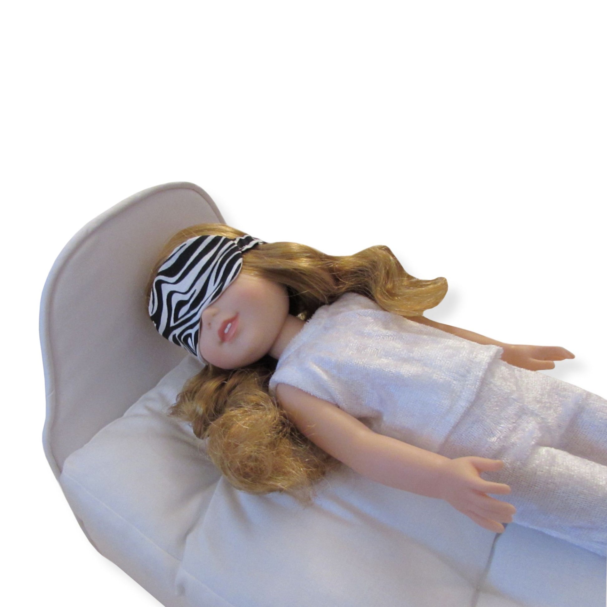 Zebra Print Doll Sleep Mask, doll, doll pajamas, and doll bed for 14 1/2-inch dolls
