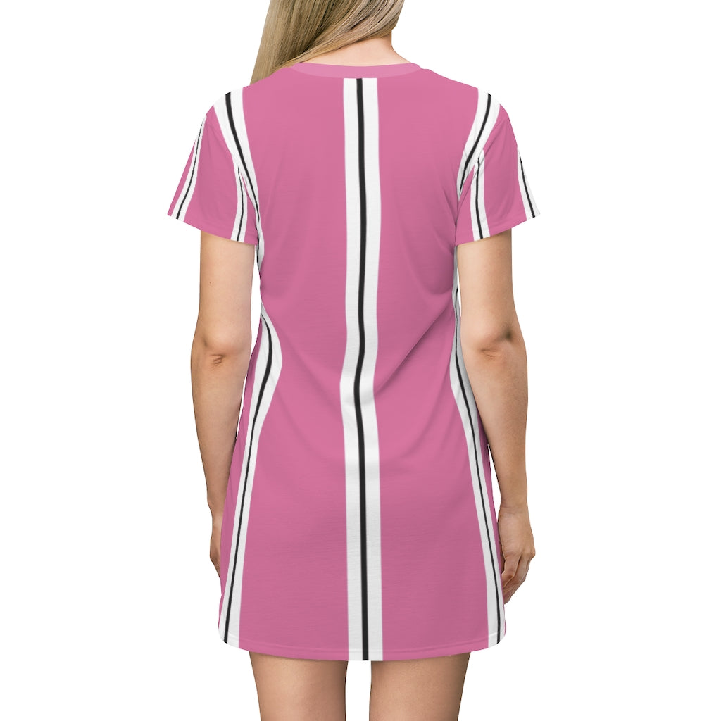 Solid Hot Pink BW Stripes T-shirt Dress