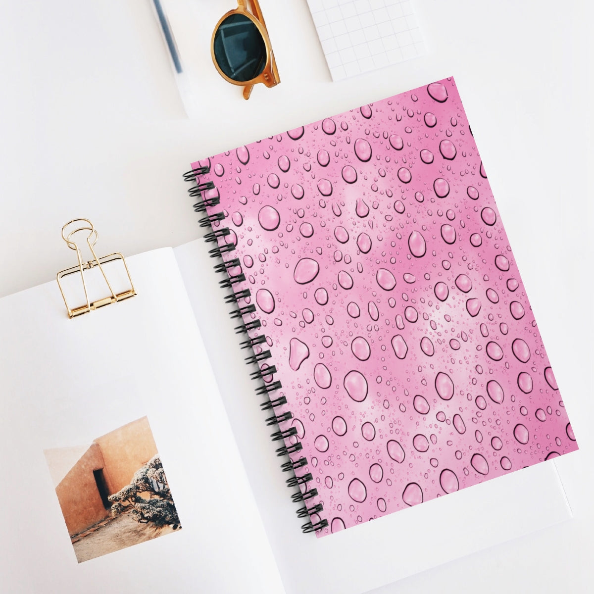 Pink Water Droplets Spiral Ruled Line Notebook