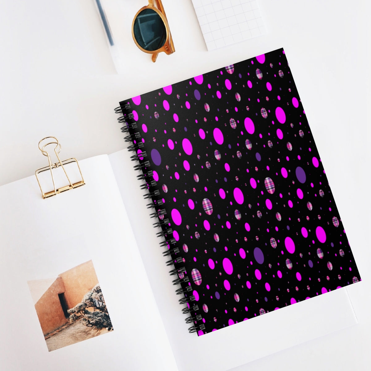 Pink and Purple Plaid Holes Polka Dots Spiral Ruled Line Notebook