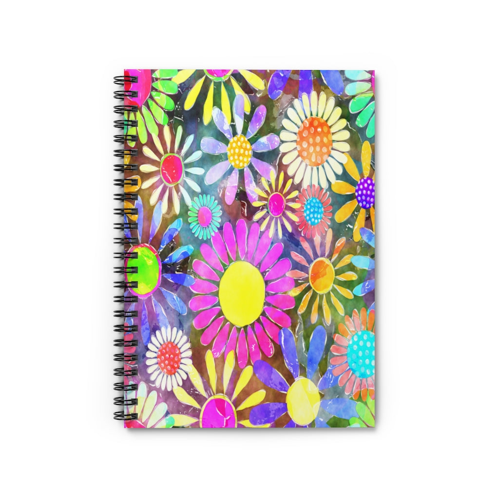 Pink Yellow Blue Floral Dots Spiral Ruled Line Notebook
