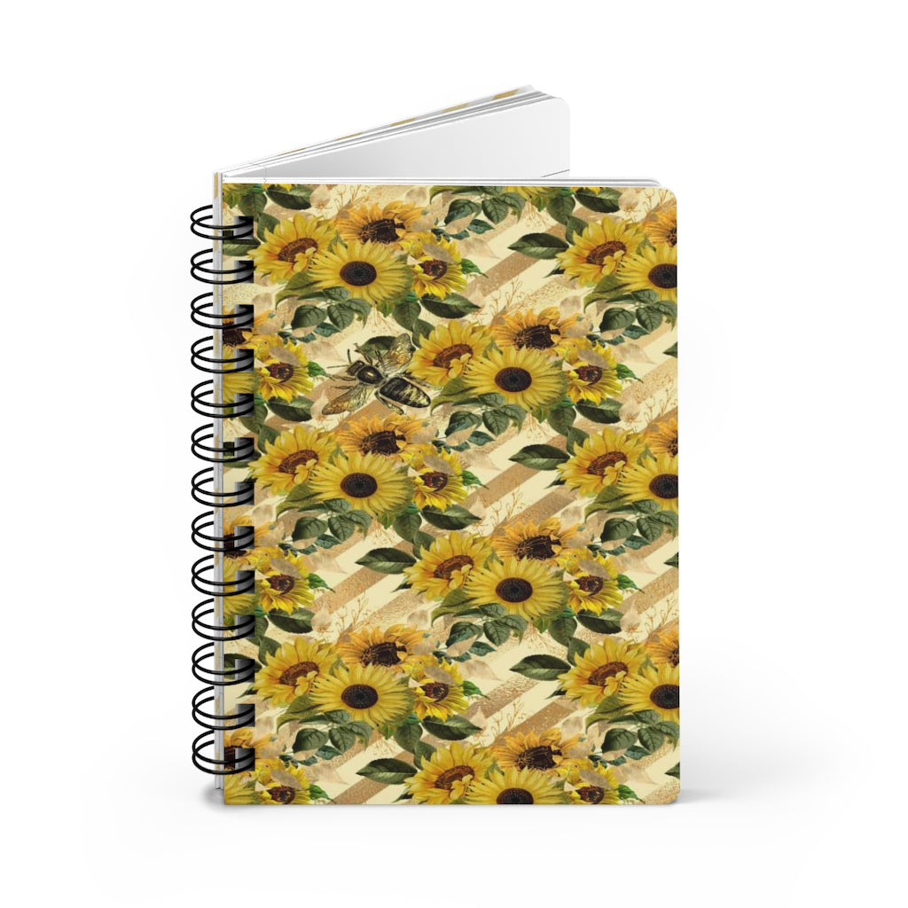 Sunflower Bees Diagonal Stripes Spiral Bound Journal