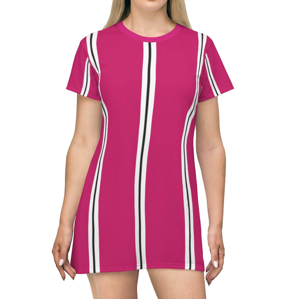 Pink Raspberry BW Stripes T-shirt Dress