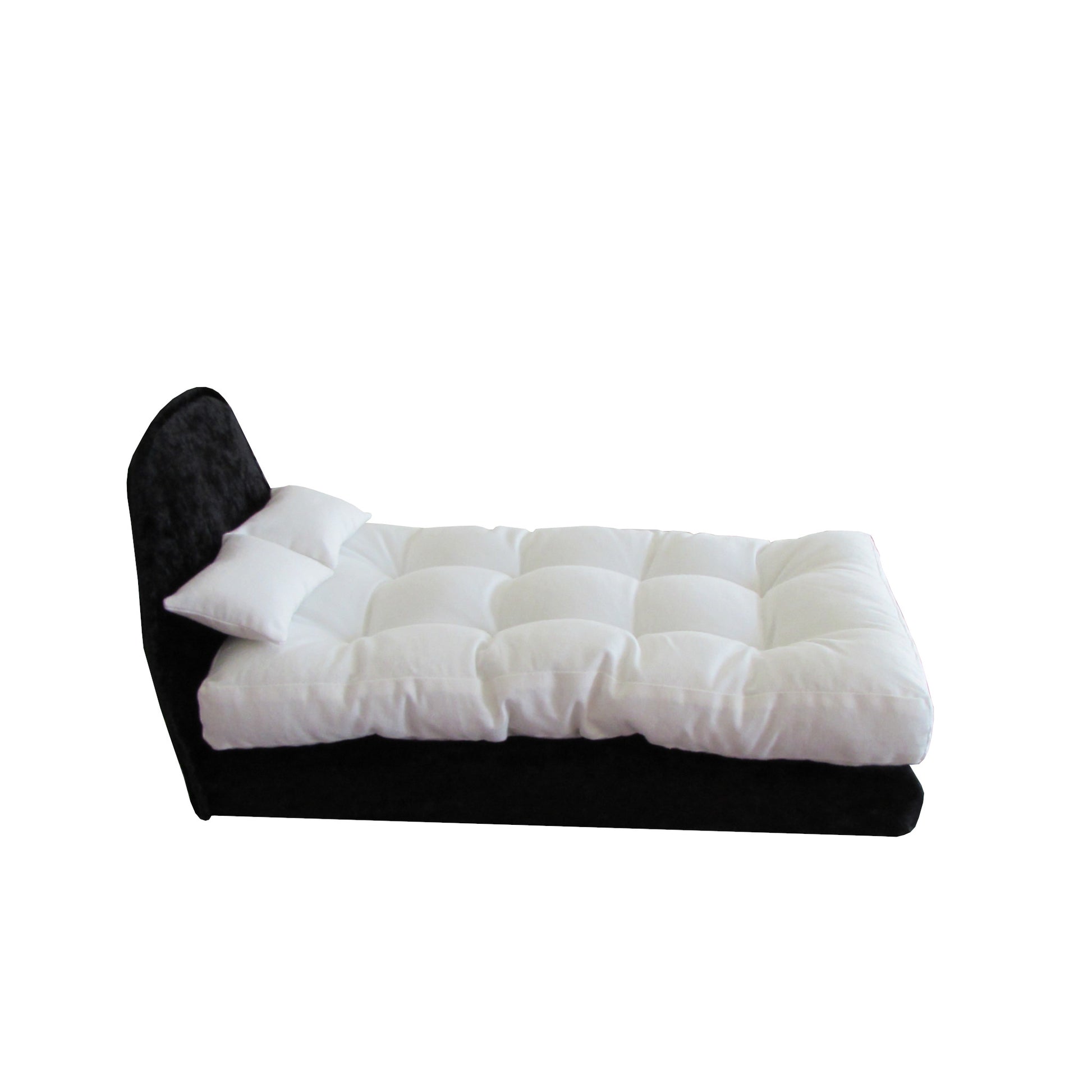 Black Crushed Velvet Double Doll Bed, Pillows, and Mattress for 11.5-inch and 12-inch dolls