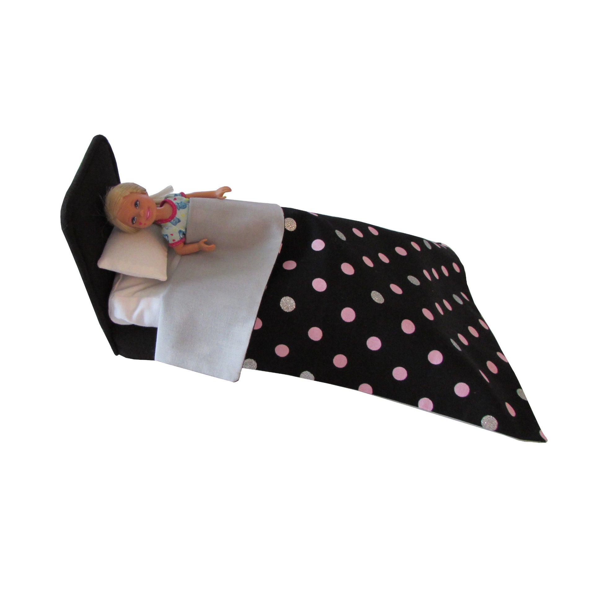 Black Doll Bed and Dots Doll Bedding for 6.5-inch dolls with doll