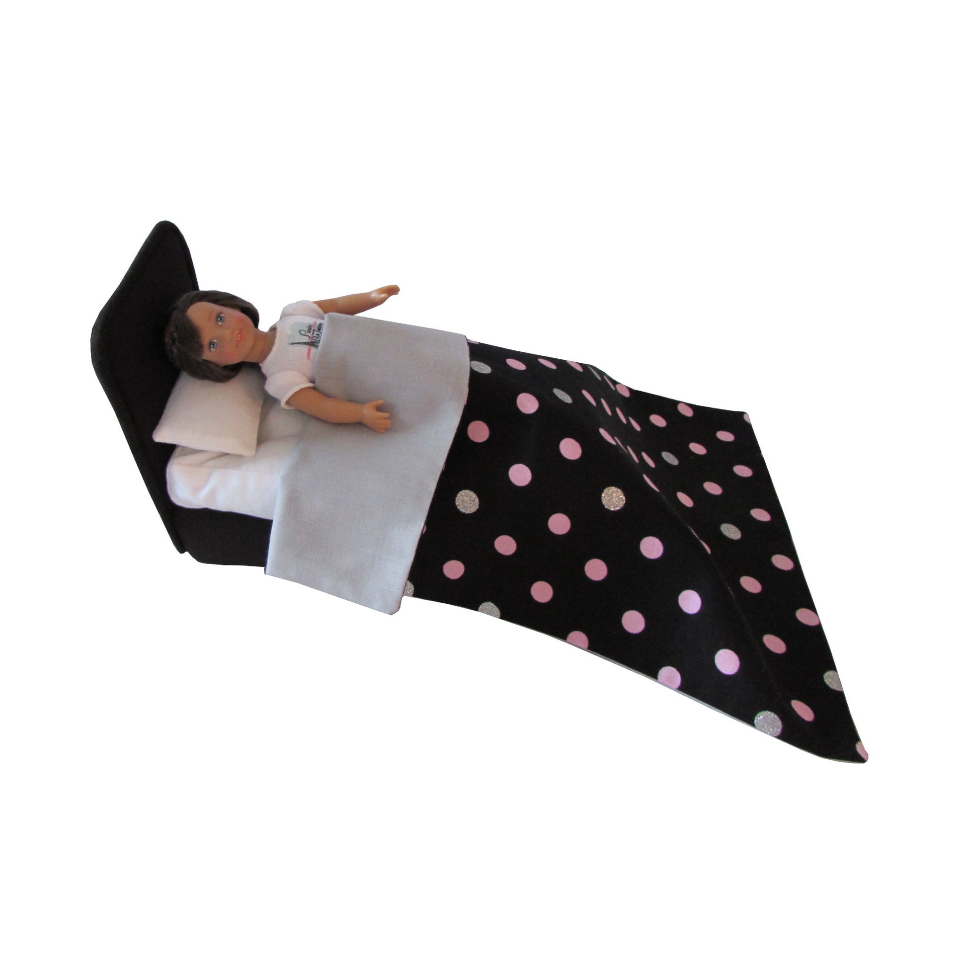 Black Doll Bed and Dots Doll Bedding for 6.5-inch dolls with doll Second view