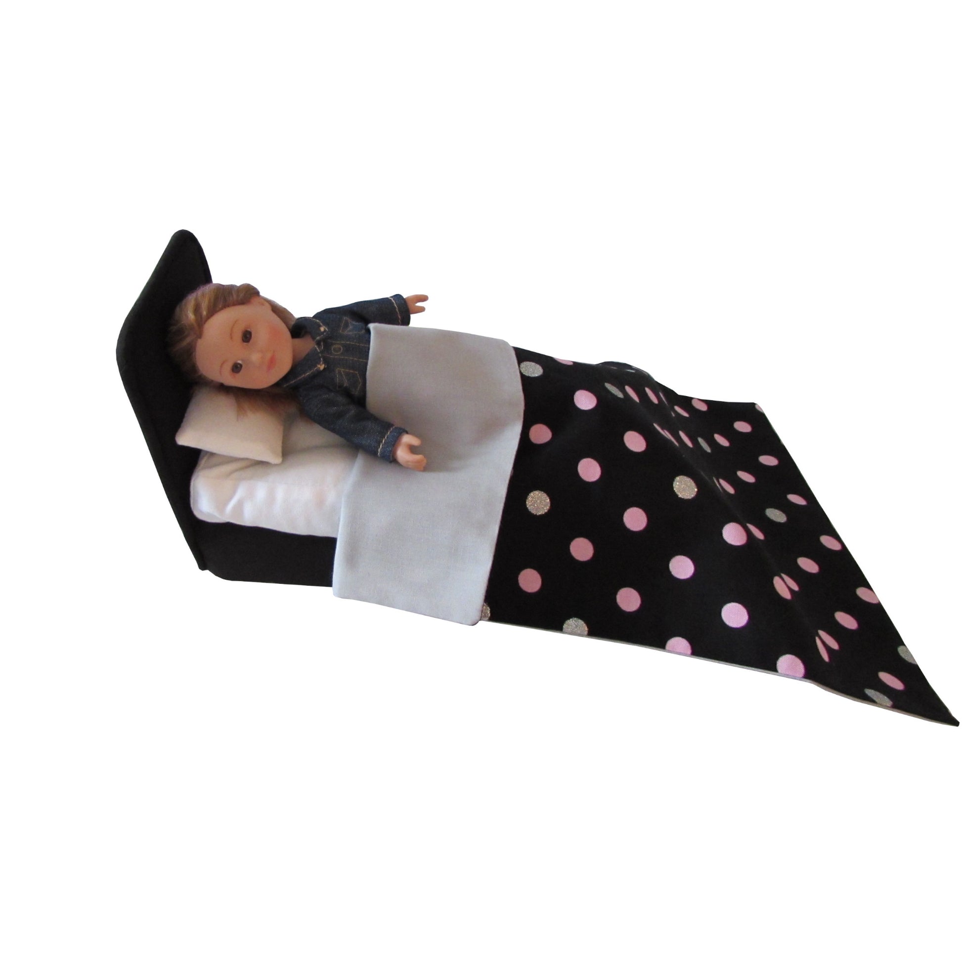 Black Doll Bed and Dots Doll Bedding for 6.5-inch dolls with doll Third view